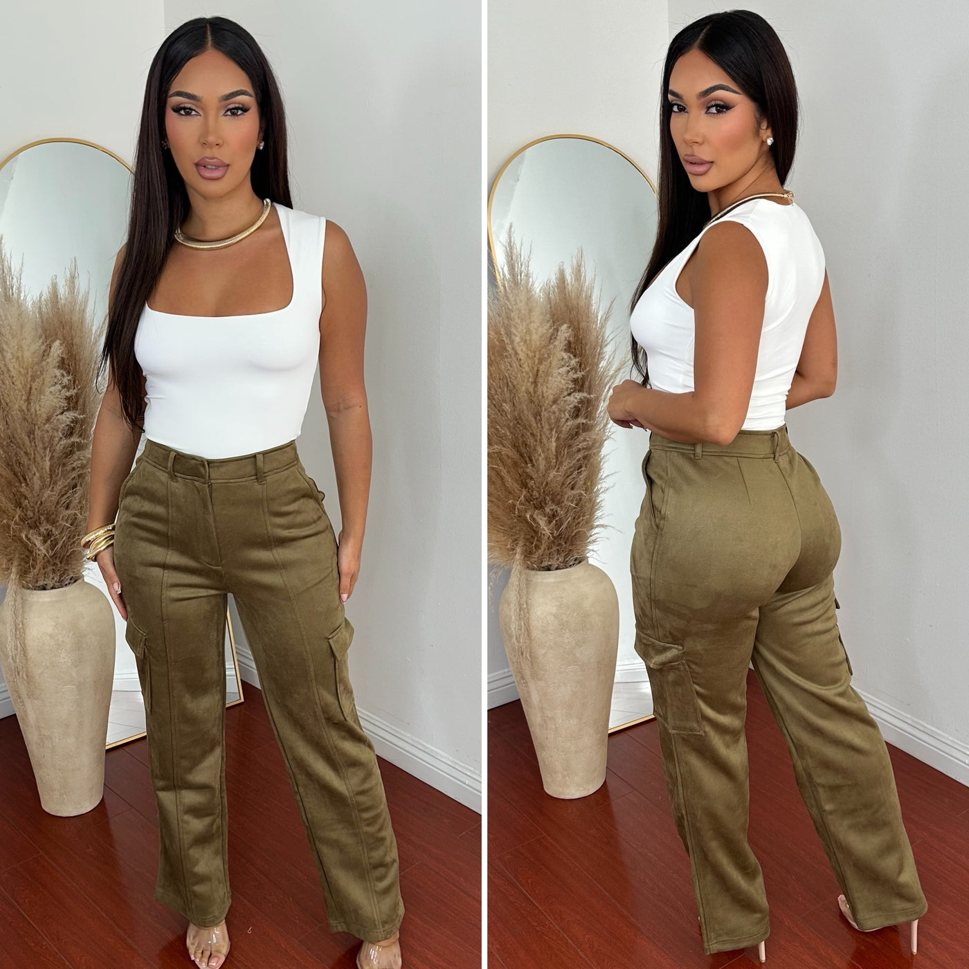 Elise Suede Cargo Pants - (OLIVE)