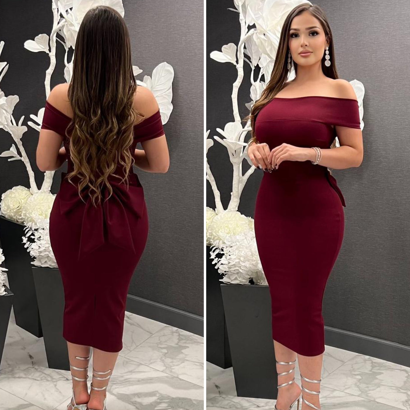 BOW MIDI DRESS - (BURGUNDY)