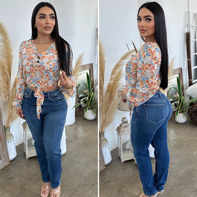 Gabrielle Floral Top - (ORANGE/IVORY)