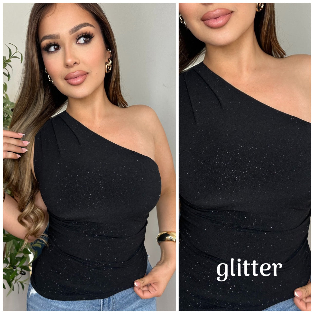 Shelly GLITTER One Shoulder Top - (BLACK)