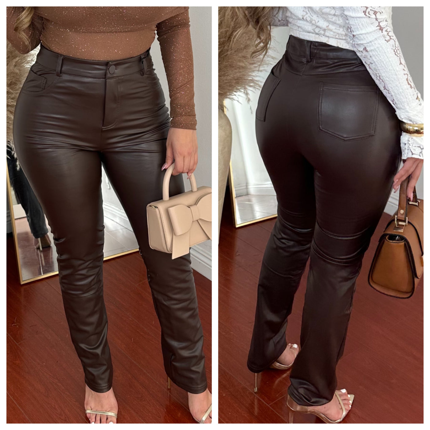 Eduardo Faux PU Pants - (BROWN)