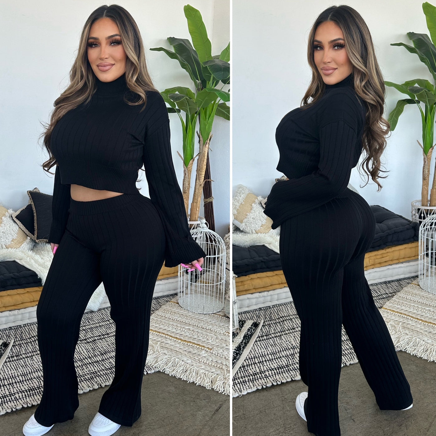 Arely Ribbed Pant Set - (BLACK )