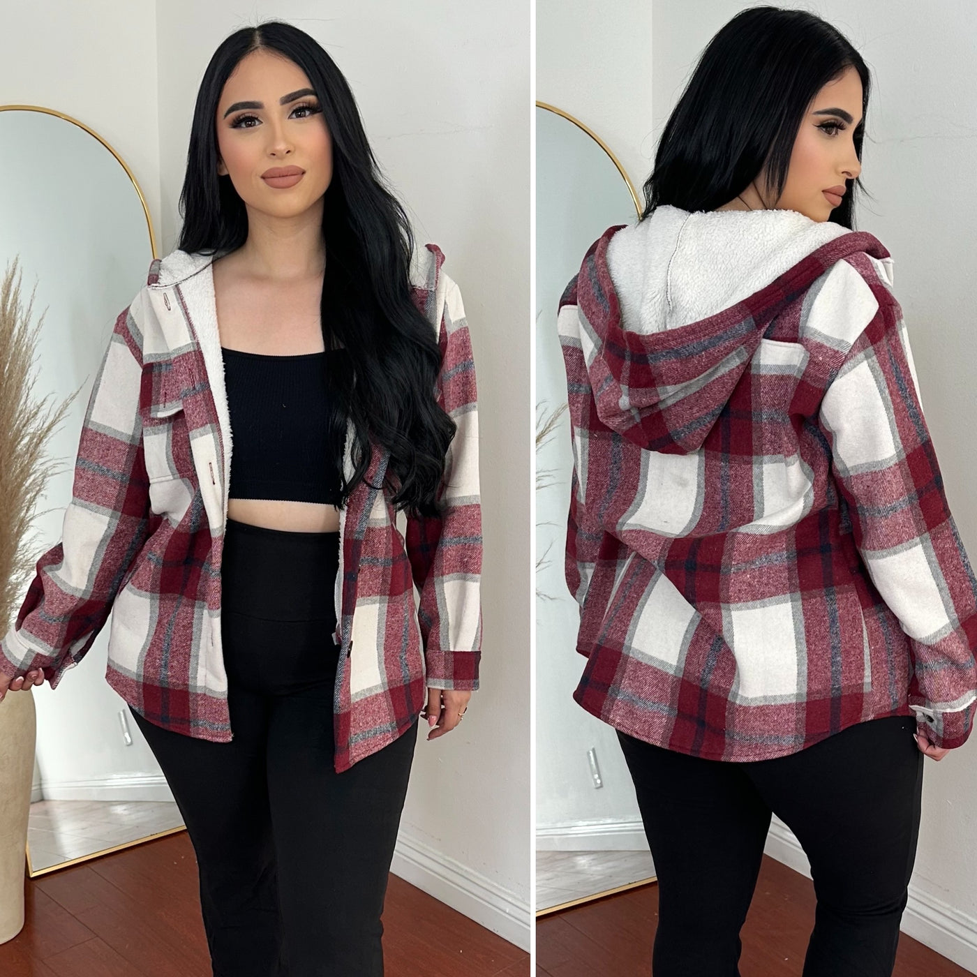 Hooded Plaid Shacket - (BURGUNDY)