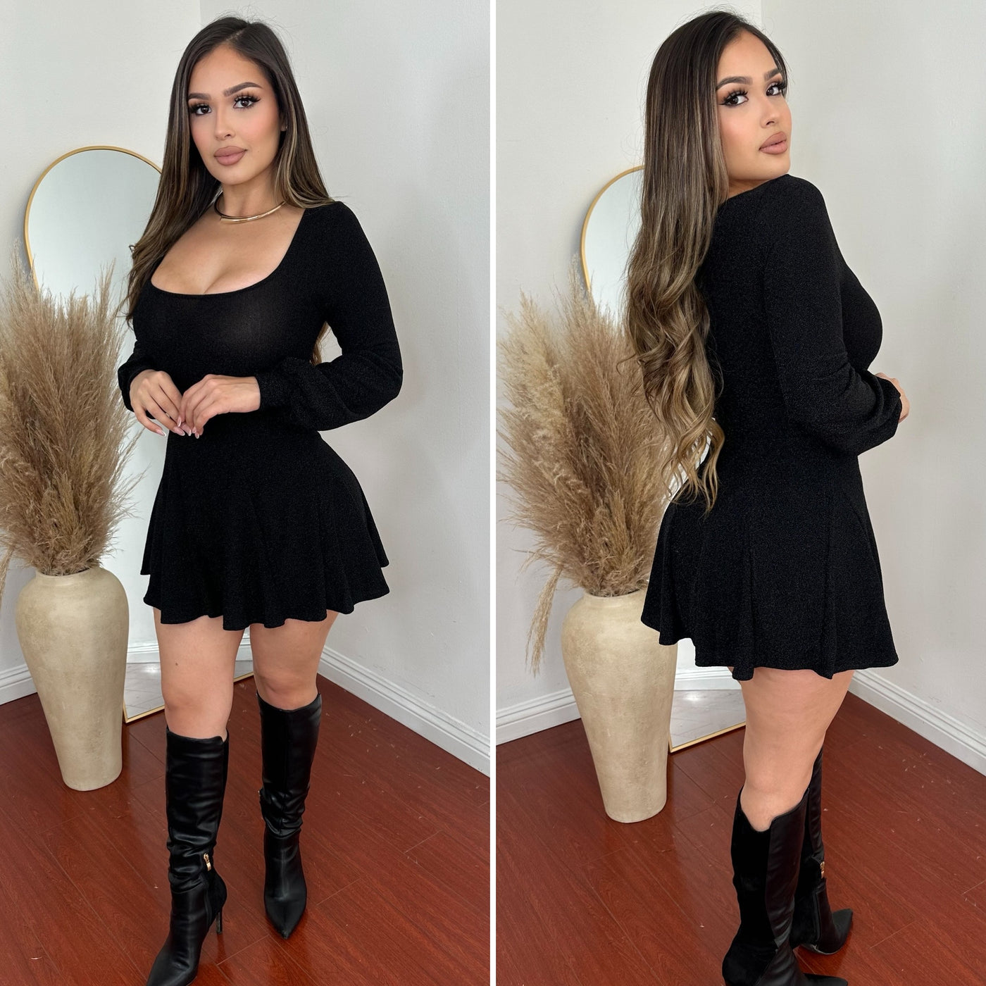 Black Shinny Skater Dress - (BLACK)