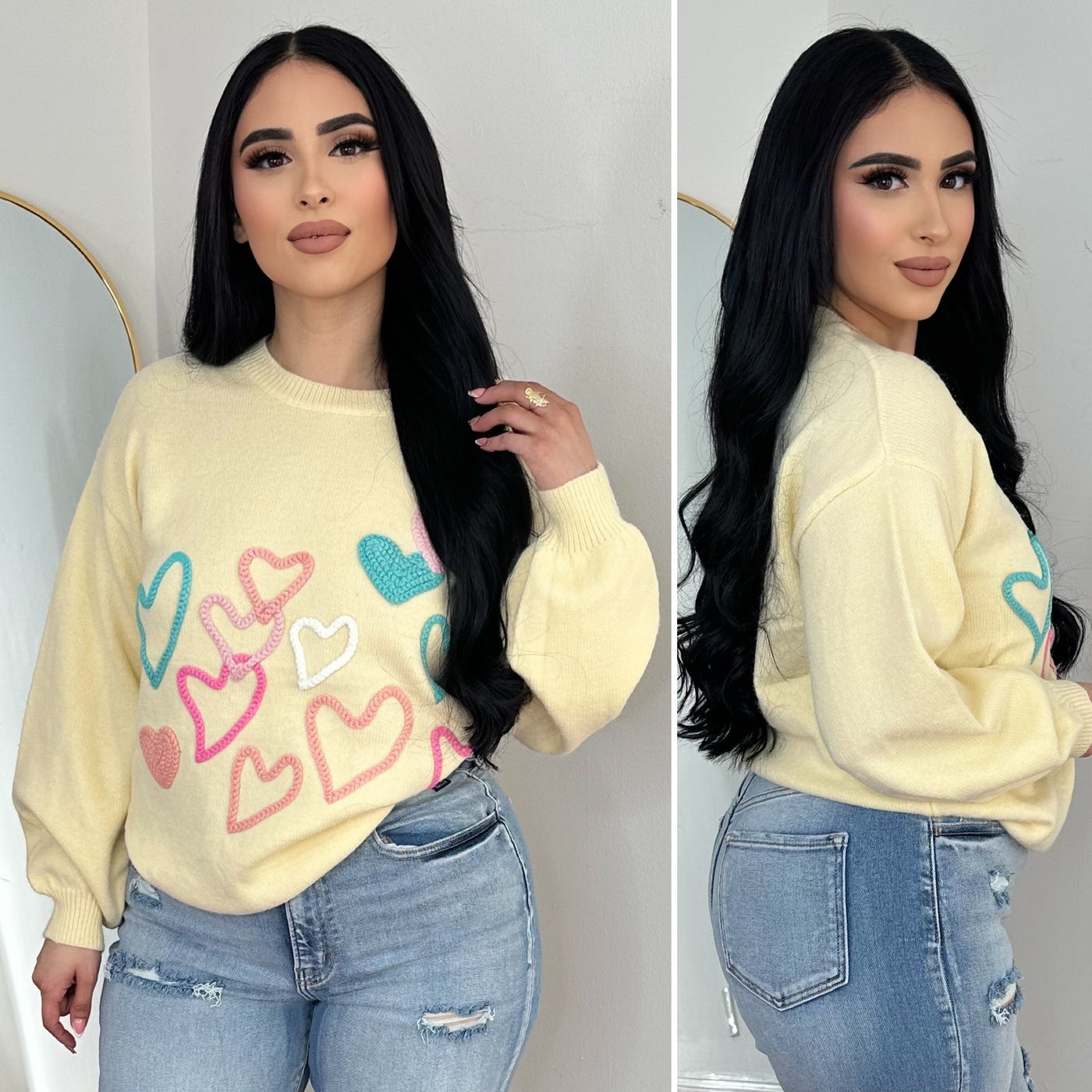 PASTEL HEARTS SWEATER TOP - (YELLOW)