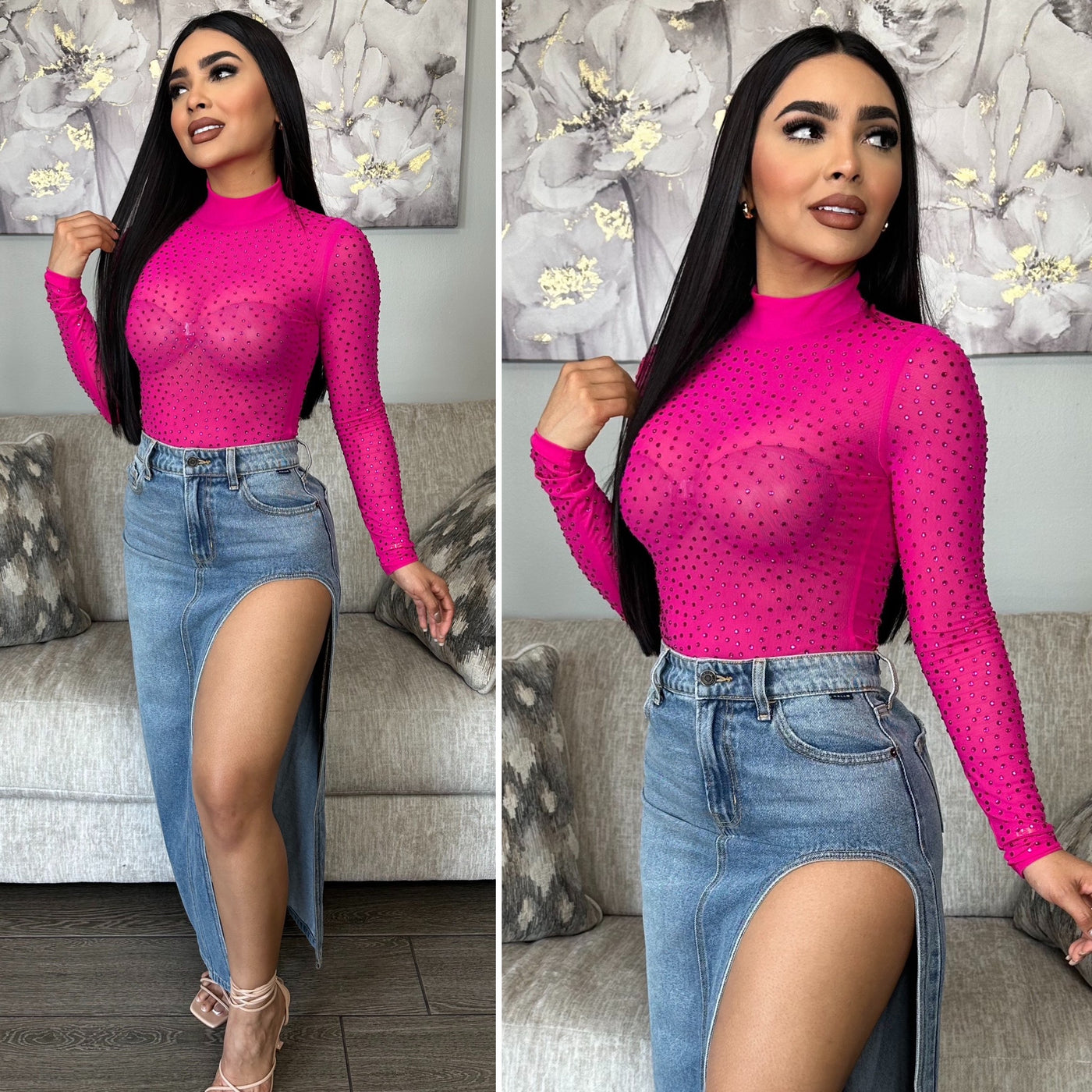 Xavi Rhinestone Bodysuit - (PINK)