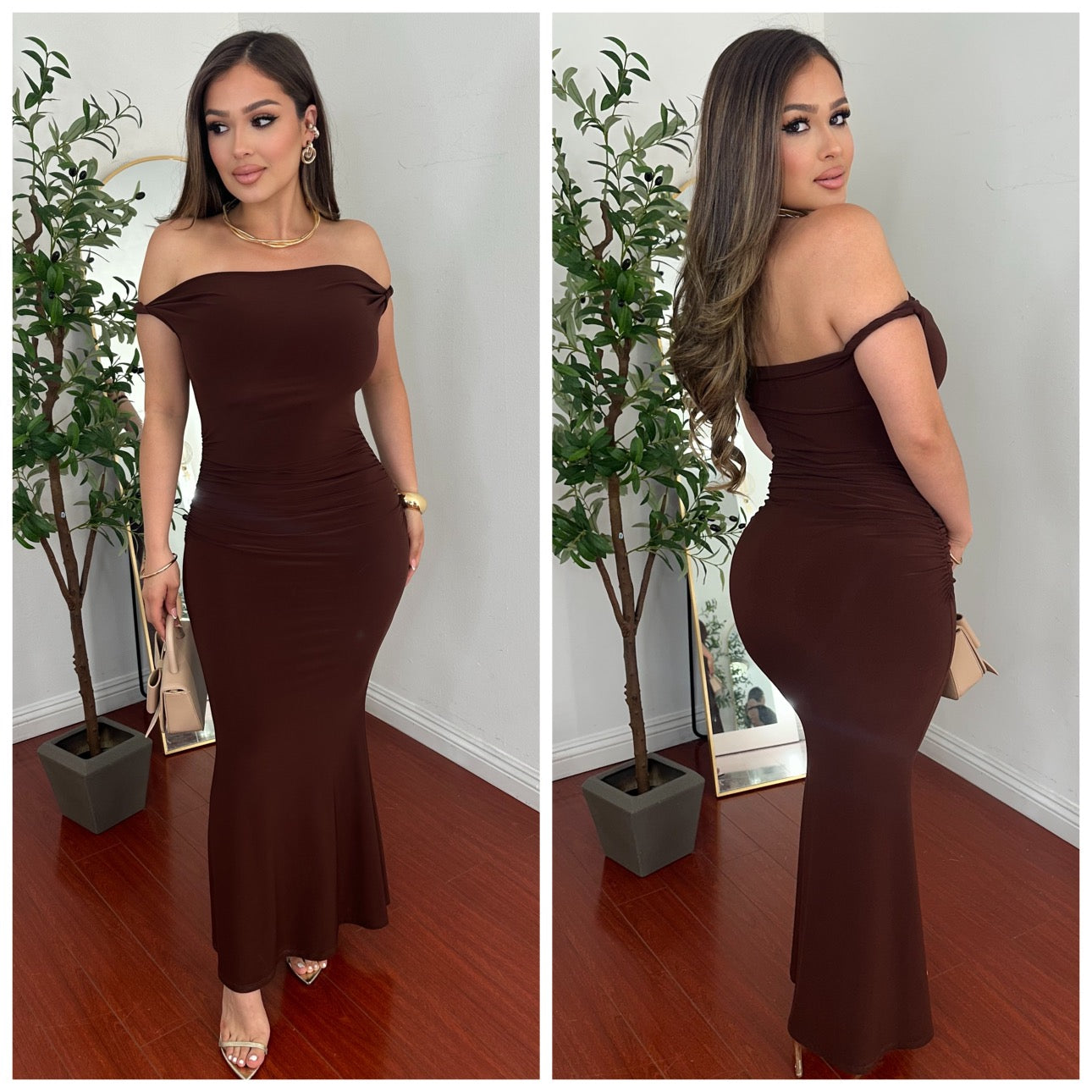 Off The Edge Maxi Dress- (BROWN)
