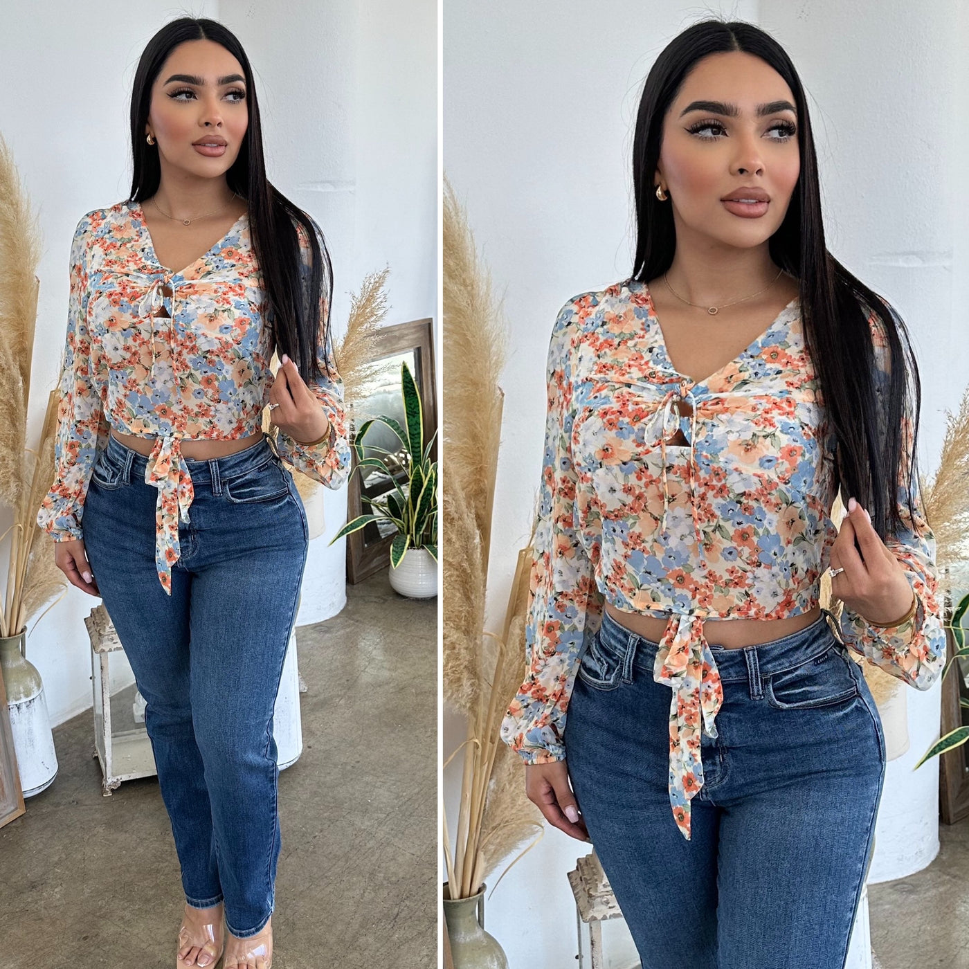 Gabrielle Floral Top - (ORANGE/IVORY)