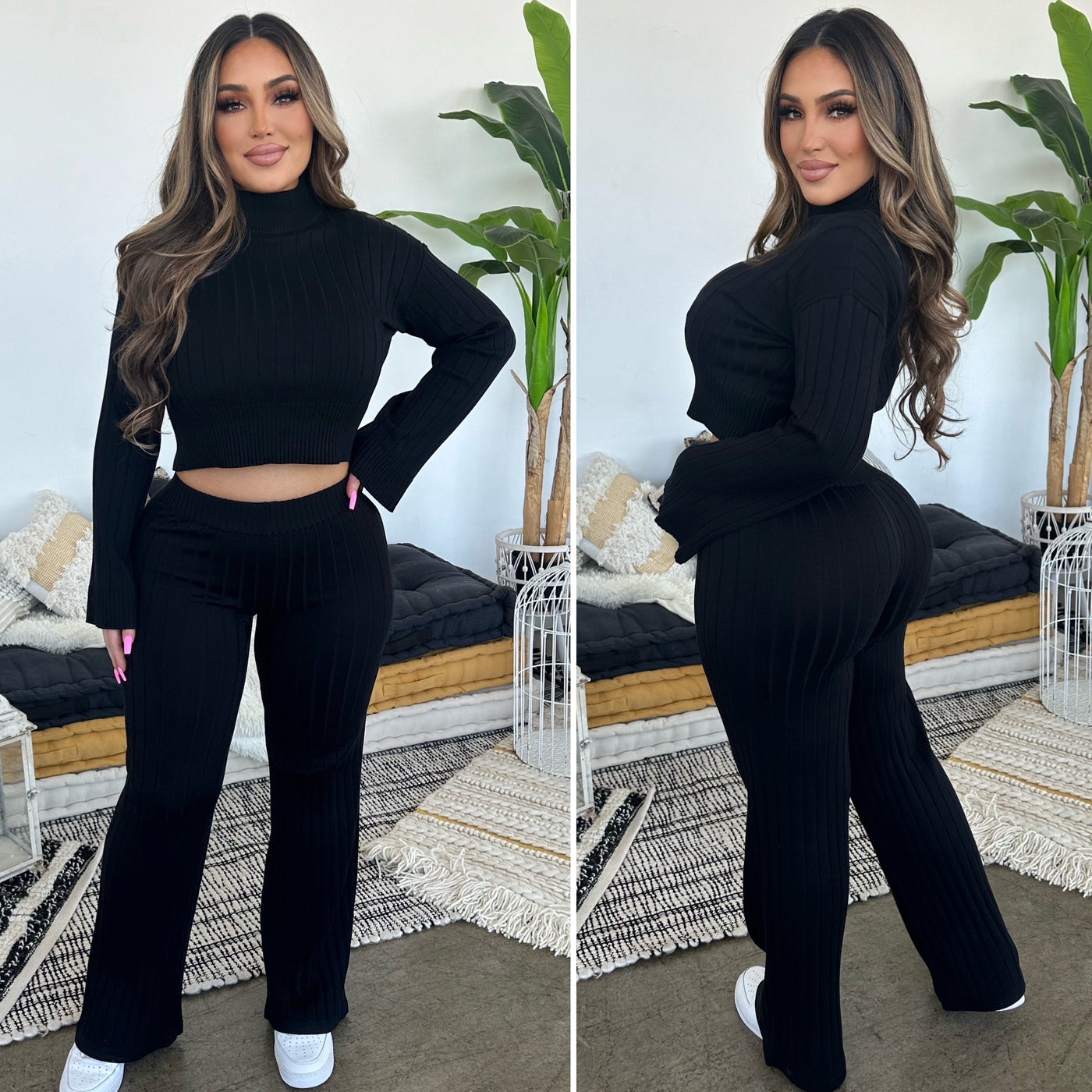 Arely Ribbed Pant Set - (BLACK )