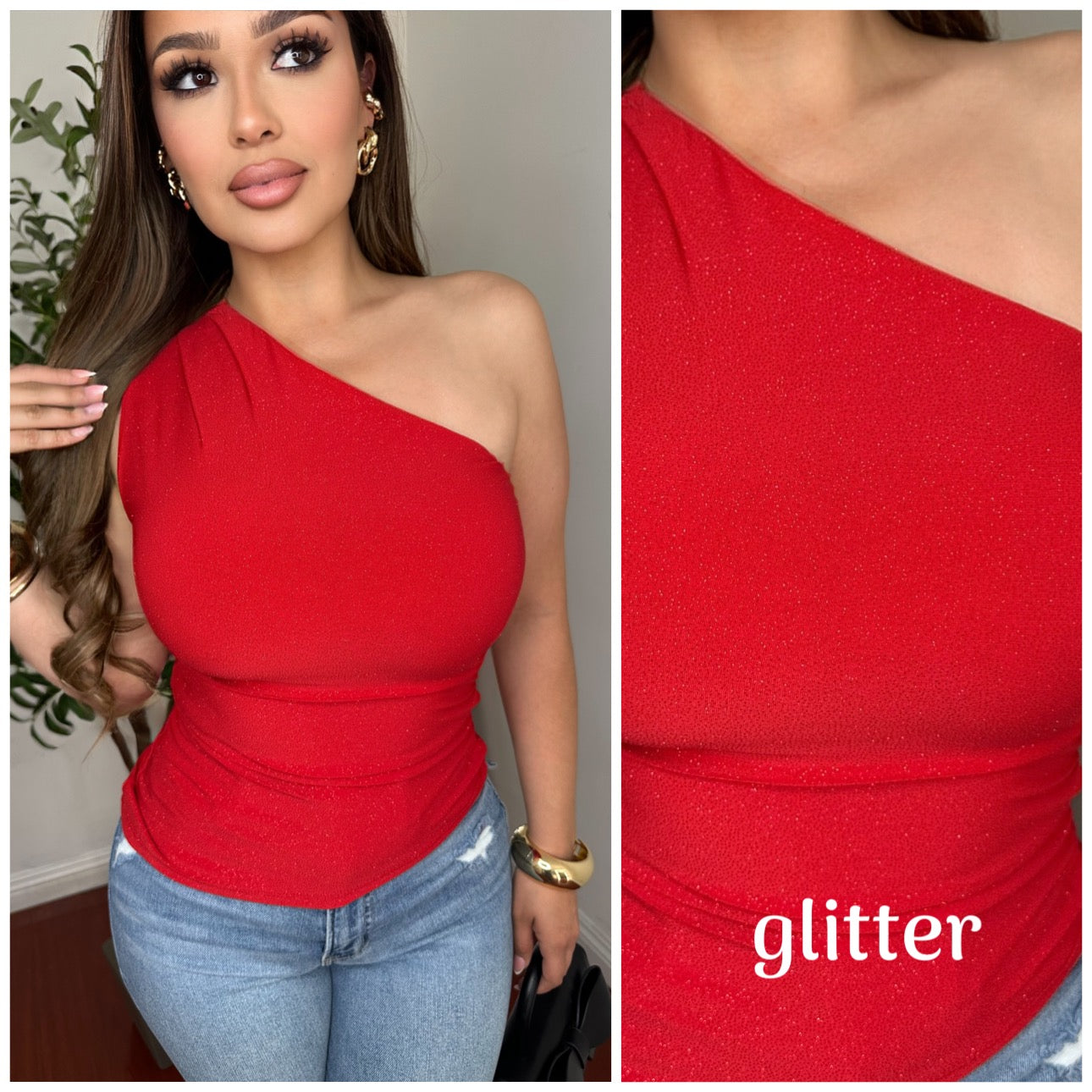 Shelly GLITTER One Shoulder Top - (RED)
