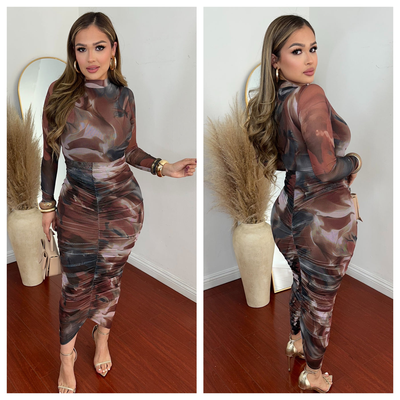 Edna Midi Dress. - (BROWN)