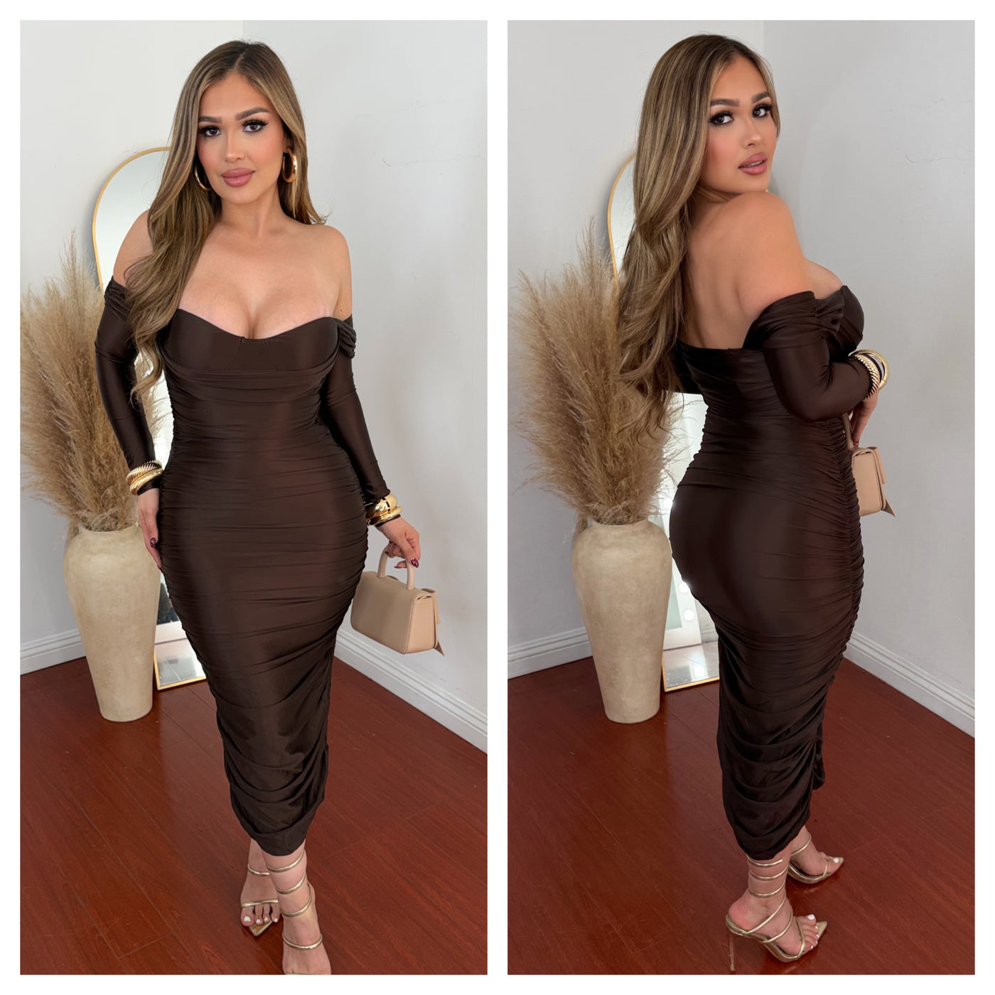 Valery Satin Dress - (BROWN)