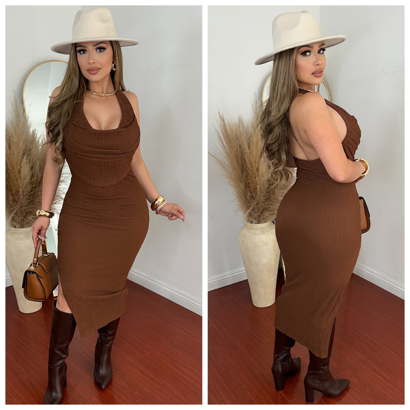 Rosalba Halter Dress - (BROWN/RUST)