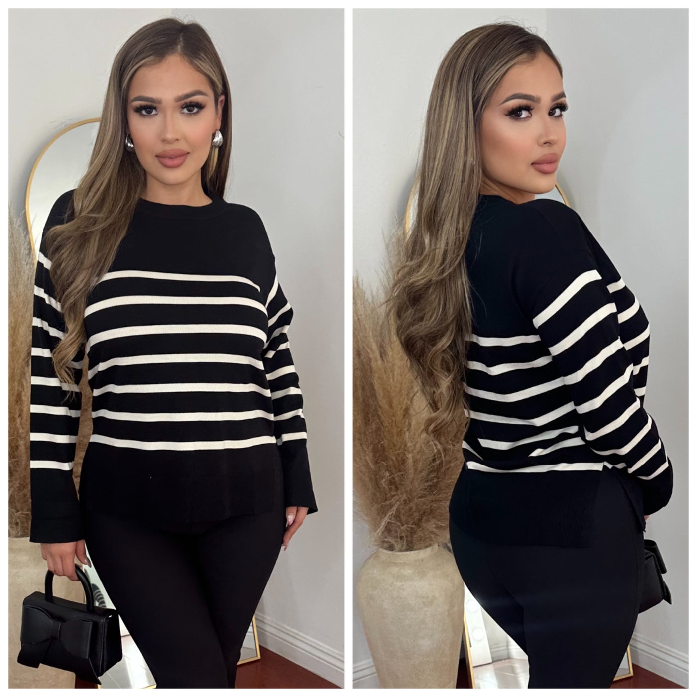 MELI STRIPPED SWEATER TOP - (BLACK)