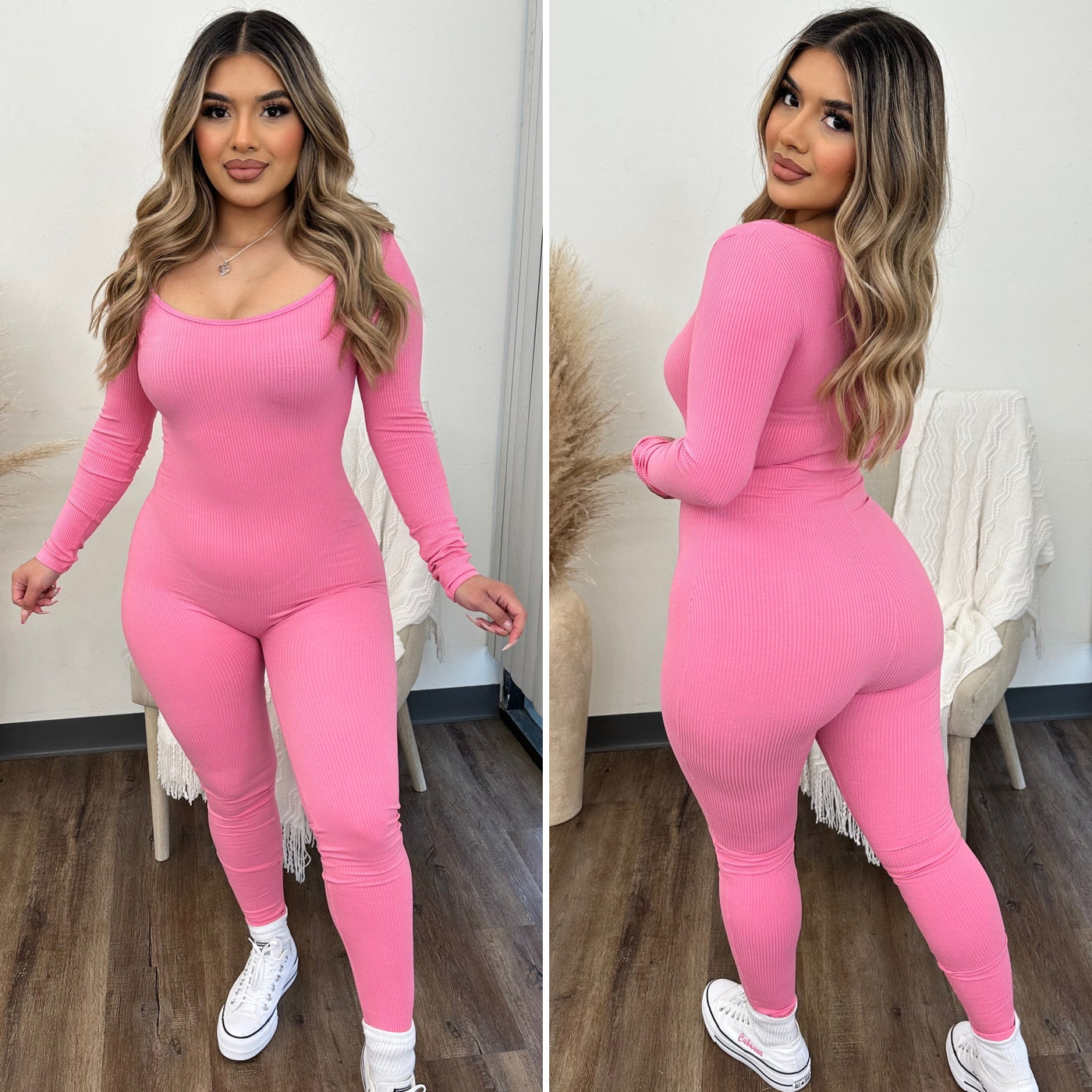Once in a While Ribbed Jumpsuit - (PINK CARNATION)