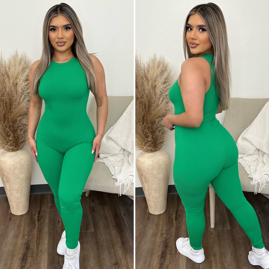 Carla Ribbed Jumpsuit - (GREEN)
